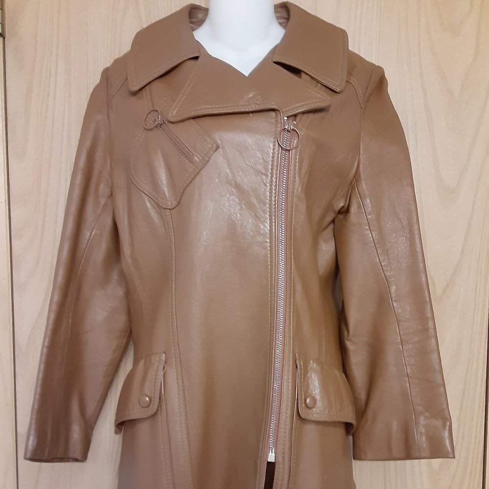 Peter Caruso Light Brown Leather Jacket Long Moto - Picture 2 of 6